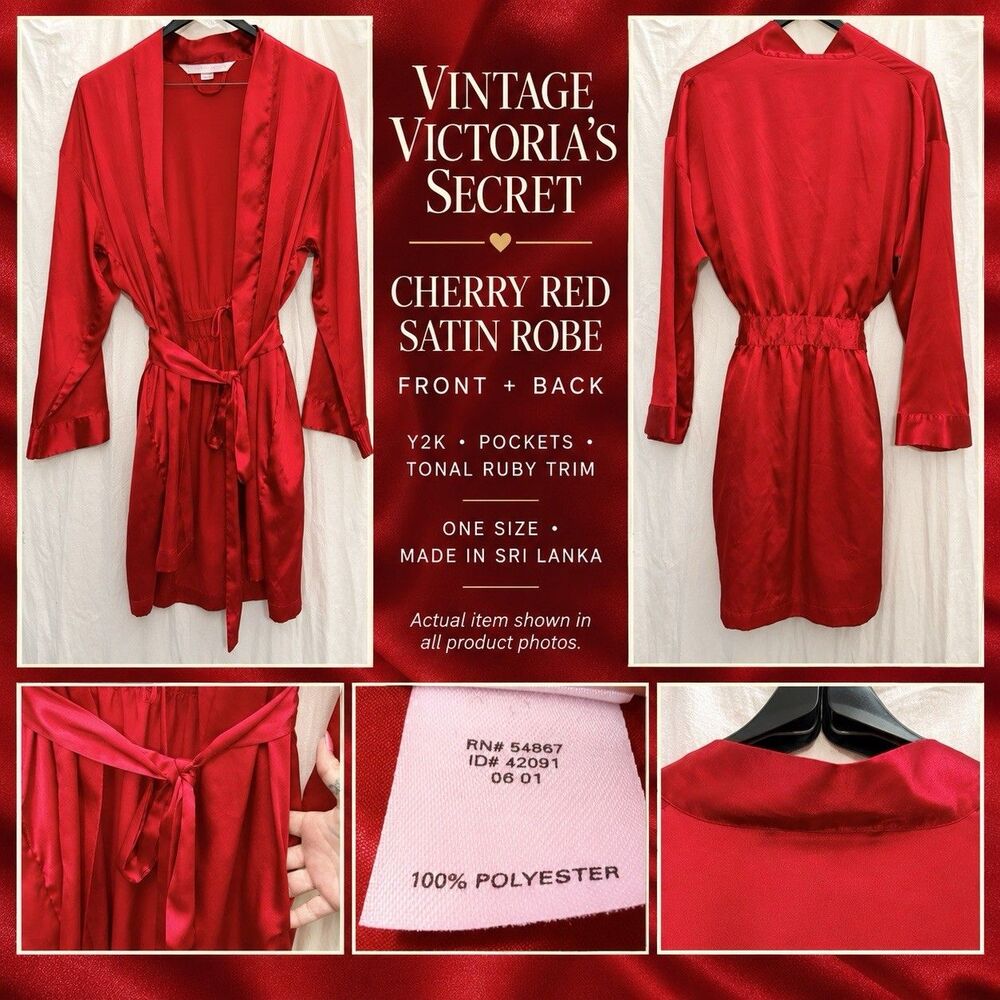 VTG 2001 Victoria’s Secret Cherry Red Satin Robe One Size Pockets Y2K Boudoir